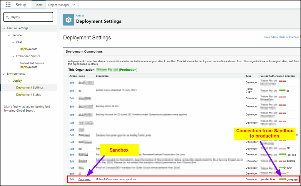 Deploying flows to production with Change Sets - connect deployment settings to production
