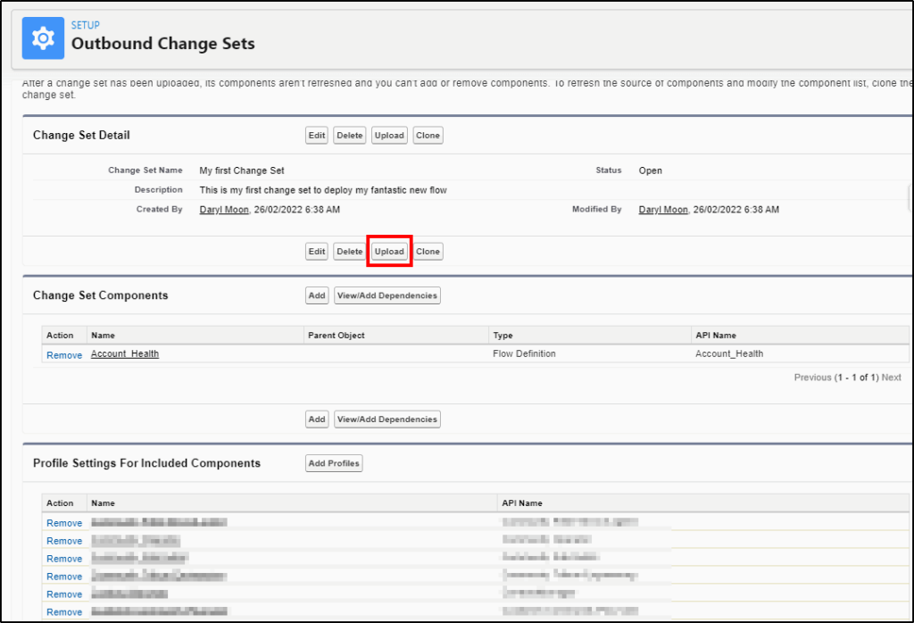 Deploying flows to production with Change Sets - upload the change set to production