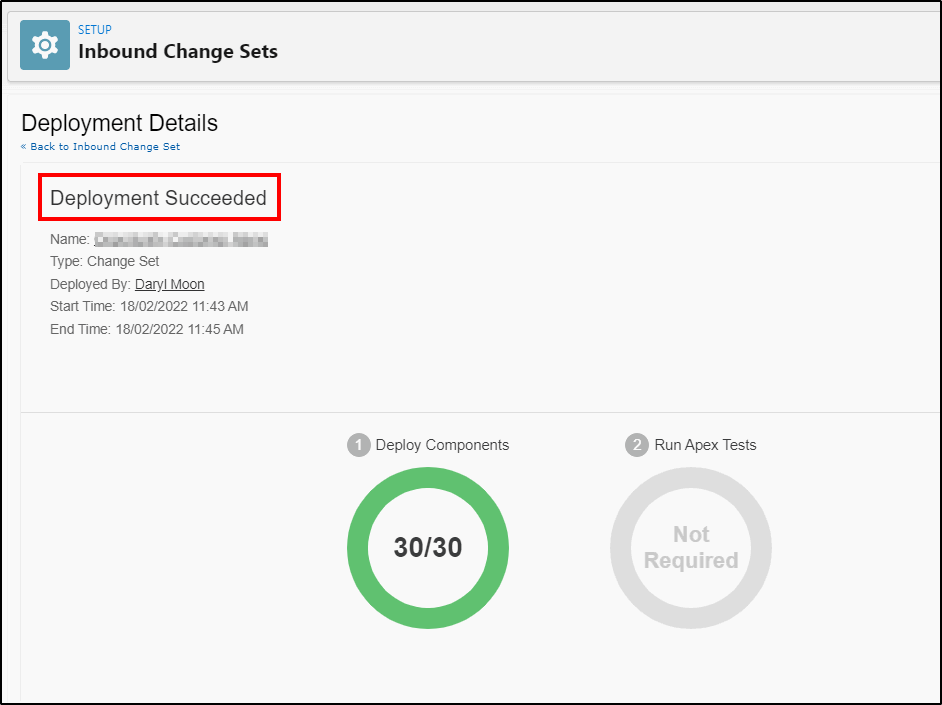 change set successful deployment to production