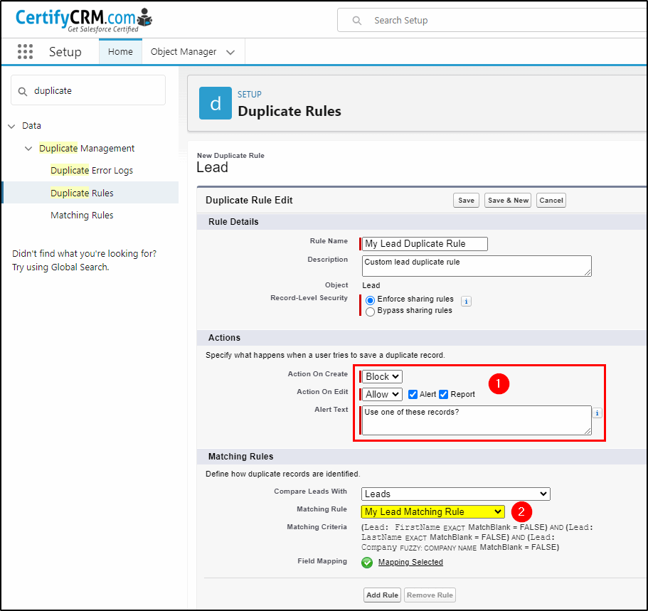 duplicate rules configuration