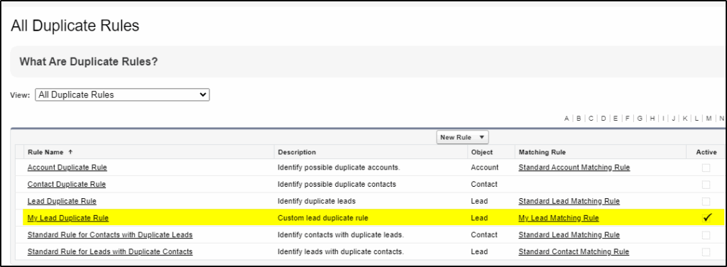 Activate new duplicate rule