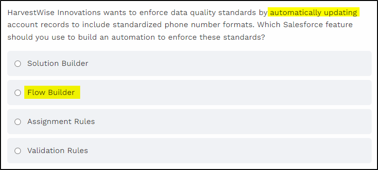 Salesforce admin practice exam question