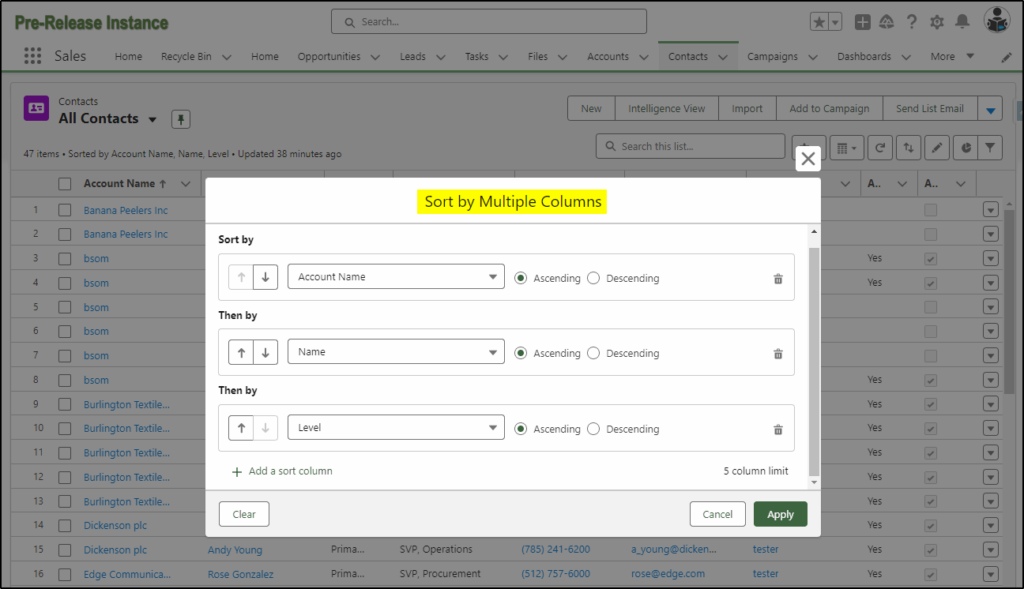 select fields for sorting