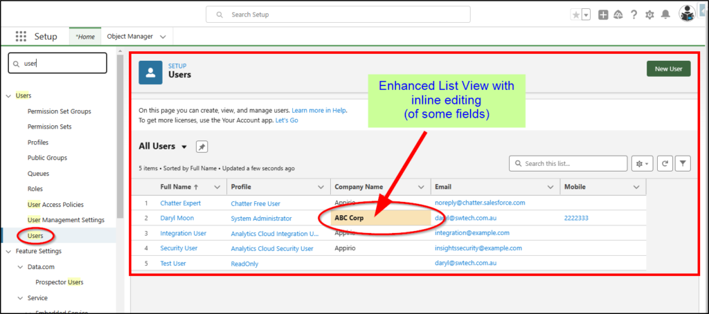 enhanced list view for users allows inline editing