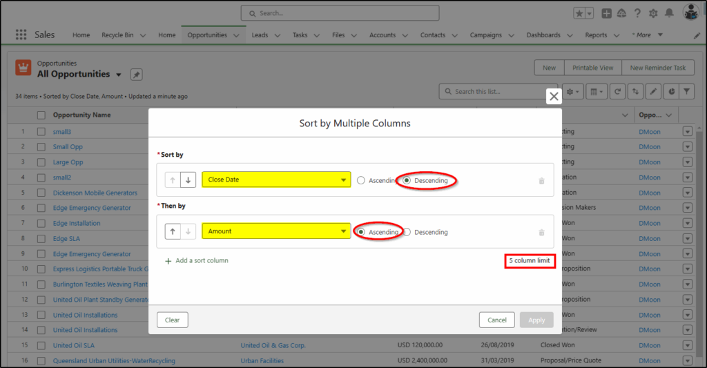 multiple column sort