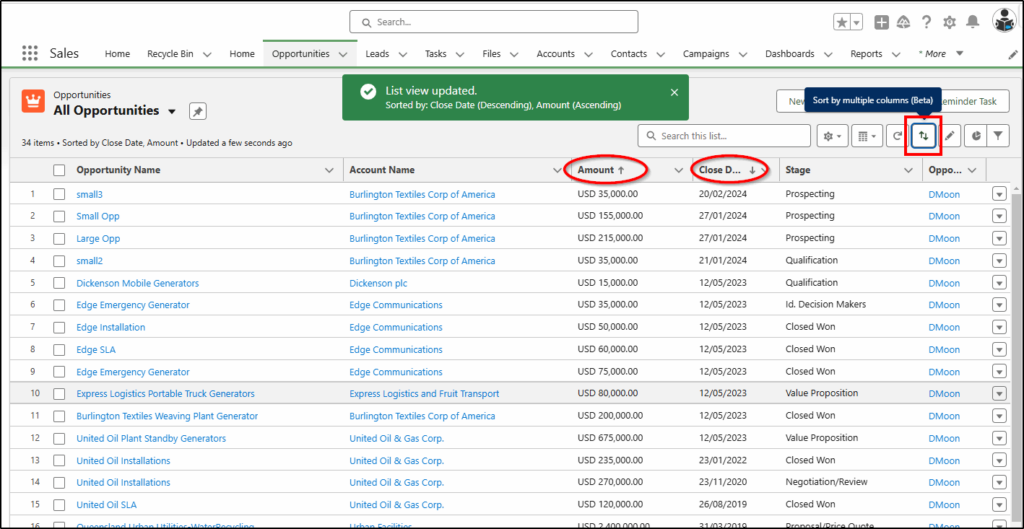 multi column sort on list views