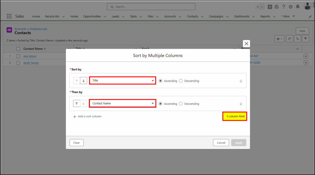 sort column settings